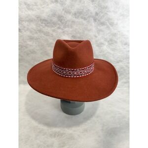 Universal Thread Rust Orange 100% Wool Wide Brim Fedora Hat Embroidered Band